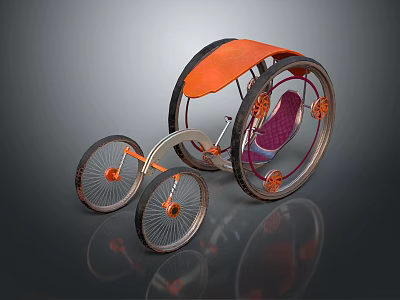 Unique Three Wheeled Bicycle Design With Orange Canopy Purple Seat And Large Small Wheels 3d model