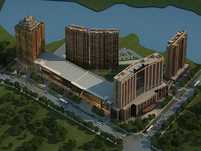 Aerial Planning of High Rise Buildings Commercial Complex Roads Greenery and Water Area 3d model
