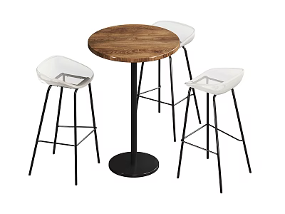Contemporary Round Wooden Table and Chair Set with White Bar Stools Black Metal Legs 3d model