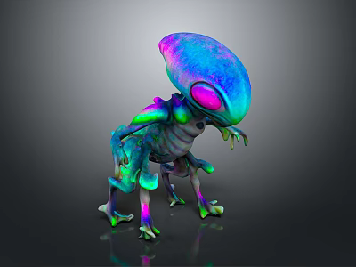 Vibrant 3D Alien Creature Model With Large Head Multiple Limbs Pink Eyes Sci Fi Design 3d model