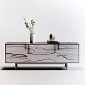 Modern TV Stand With Gold Frame Black Top White Drawers Red Flowers And Decorations