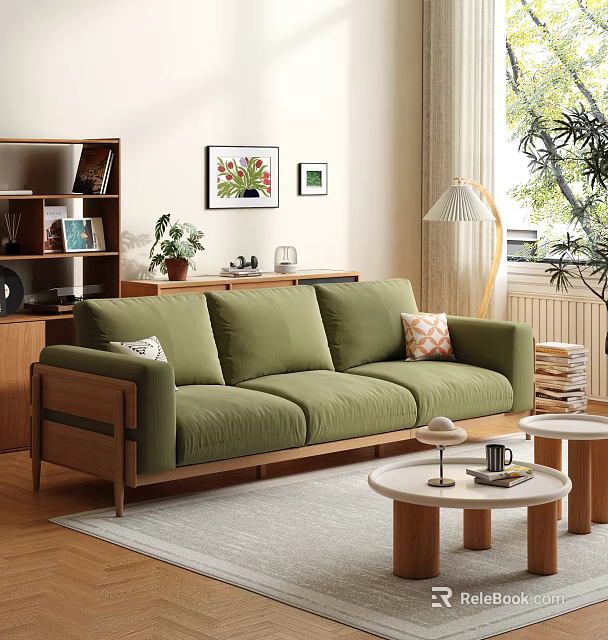Green Three-seater Casual Sofa Set With Round Coffee Tables In Modern Living Room 3d model 