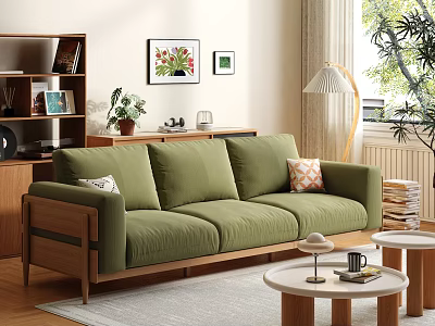 Green Three-seater Casual Sofa Set With Round Coffee Tables In Modern Living Room 3d model