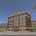 Red Brick Multi Story School Building With Beige Exterior Windows Plaza And Surrounding Trees