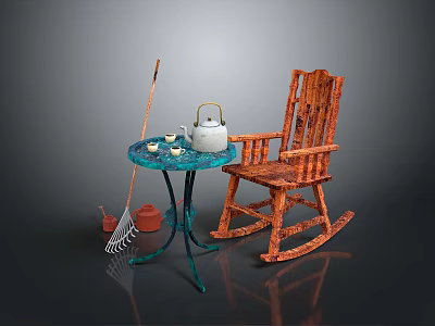 Wooden Rocking Chair And Blue Round Table With Teapot Cups Broom And Small Stool 3d model