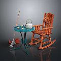 Wooden Rocking Chair And Blue Round Table With Teapot Cups Broom And Small Stool