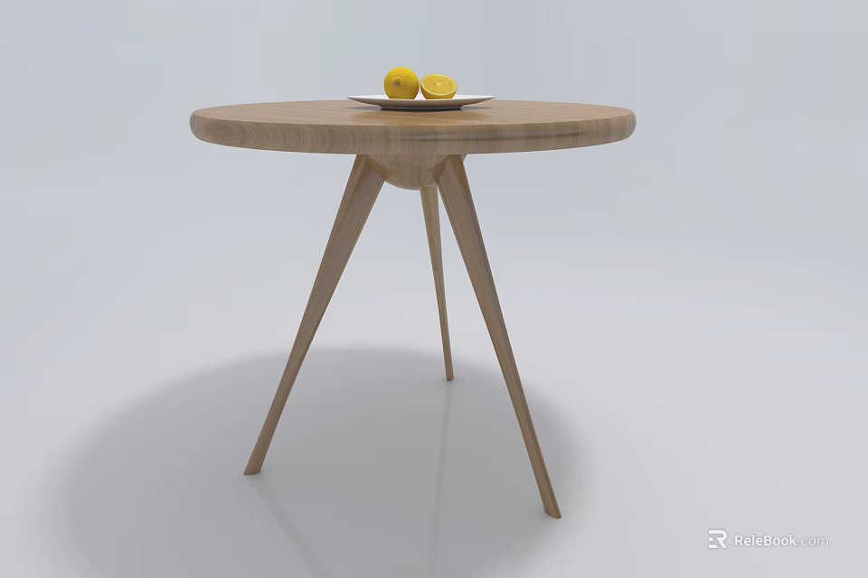 Wooden Round Coffee Table with Three Legs and White Plate with Two Lemons 3d model 