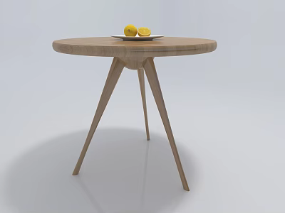 Wooden Round Coffee Table with Three Legs and White Plate with Two Lemons 3d model