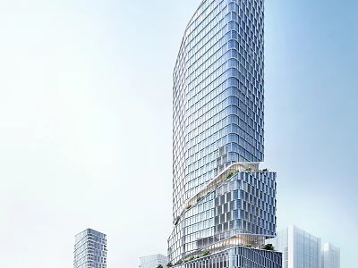 Modern Skyscraper With Curved Glass Facade Among Urban High Rise Buildings 3d model