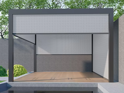 Modern Outdoor Water Fountain Design With Wooden Deck Green Plants And Shade Structure 3d model