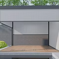 Modern Outdoor Water Fountain Design With Wooden Deck Green Plants And Shade Structure