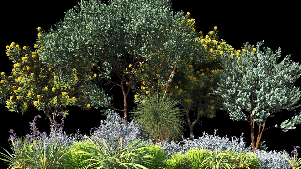 Lush Garden Shrubs With Yellow Flowers And Mixed Green Purple Foliage 3d model 