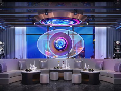 Modern Futuristic KTV Private Room With Circular Decorative Lighting And Comfortable Sofa Seating 3d model