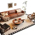 Modern Brown Leather Sofa And Coffee Table Set With Pillows Throw Blanket And Area Rug