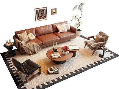 Modern Brown Leather Sofa And Coffee Table Set With Pillows Throw Blanket And Area Rug 3d model