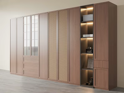 Modern Wooden Wardrobe With Rattan Panels Glass Doors And LED Lit Open Display Shelves 3d model