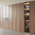 Modern Wooden Wardrobe With Rattan Panels Glass Doors And LED Lit Open Display Shelves