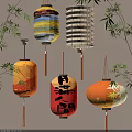 Colorful Traditional Lanterns With Bamboo Leaves And Chinese Character Designs Hanging