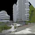 Modern High Rise Office Building Exterior With Glass Curtain Wall And Greenery