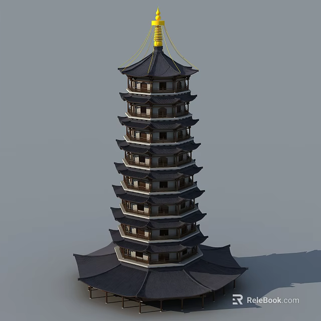 Traditional Chinese Ancient Tower With Multiple Stories Curved Eaves Golden Top And Ornate Windows 3d model 