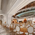 Luxurious Banquet Hall With Circular Golden Chandeliers Golden Chairs And Orange Floral Decor
