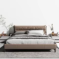 Elegant Double Bed with Leather Headboard Gray White Bedding Nightstands Vases Green Plants Gray Rug