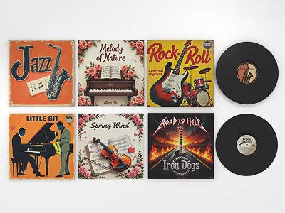 Vintage Musical Instruments and Vinyl Records with Colorful Album Covers and Artwork 3d model