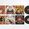 Vintage Musical Instruments and Vinyl Records with Colorful Album Covers and Artwork