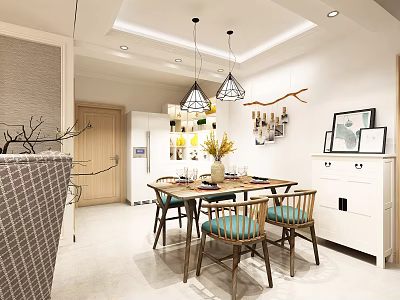 Modern Living Dining Room Interior With Wooden Table Chairs Pendant Lights And Wall Decor 3d model
