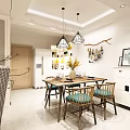 Modern Living Dining Room Interior With Wooden Table Chairs Pendant Lights And Wall Decor