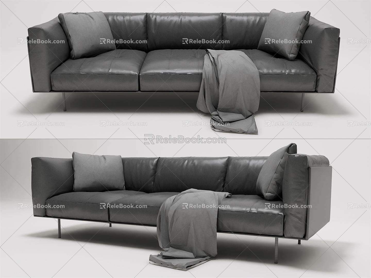 Black Leather Sofa Modern Three-Seat Sofa 3d model