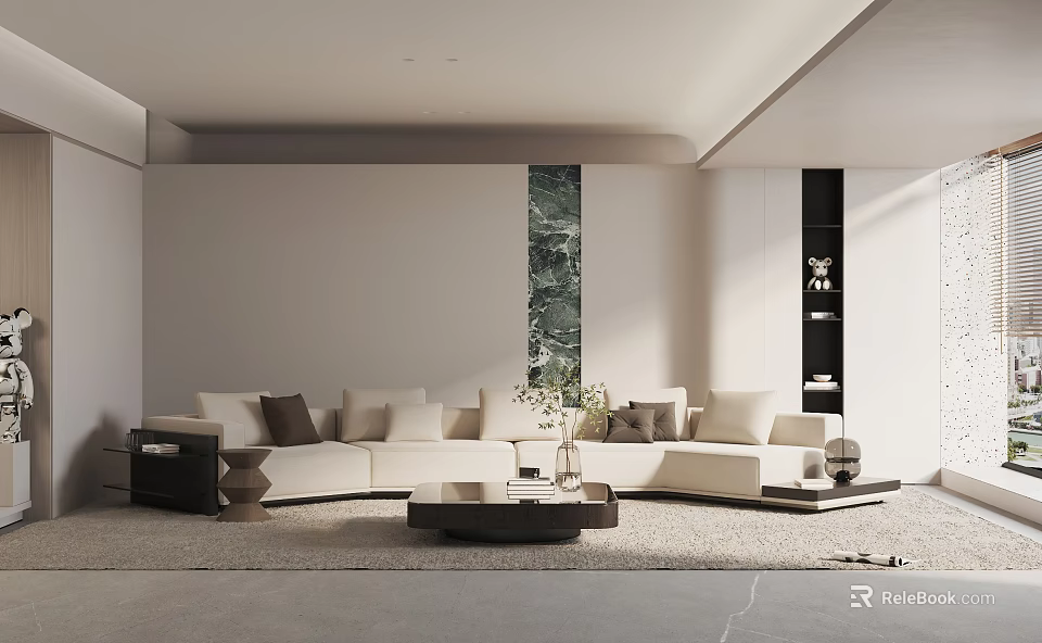 Modern Living Room With L shaped Sofa Coffee Table Green Wall Decor And Display Shelves 3d model 