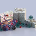 Festive Christmas Gift Boxes With Decorative Wrapping Bows Pine Cones And Branches 3d model