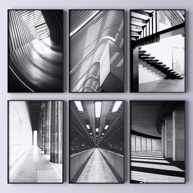 Black and White Architectural Photography Prints Featuring Modern Building Lines and Light Patterns 3d model 