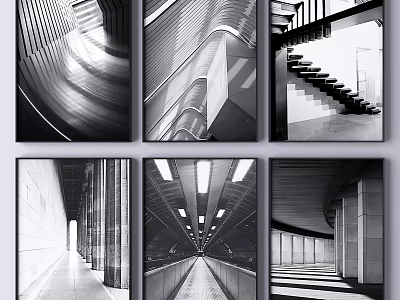 Black and White Architectural Photography Prints Featuring Modern Building Lines and Light Patterns 3d model