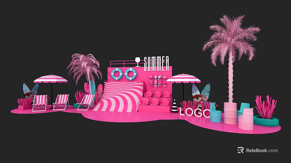 Instagrammable Summer Photo Spot With Pink Theme Palm Trees And Striped Lounge Chairs 3d model 