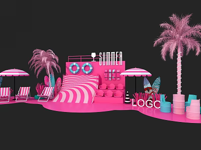 Instagrammable Summer Photo Spot With Pink Theme Palm Trees And Striped Lounge Chairs 3d model