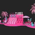 Instagrammable Summer Photo Spot With Pink Theme Palm Trees And Striped Lounge Chairs