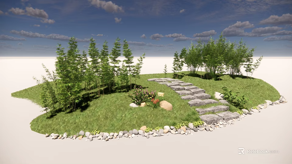 Garden Stepping Stones Path With Green Grass Trees And Stone Edges 3d model 