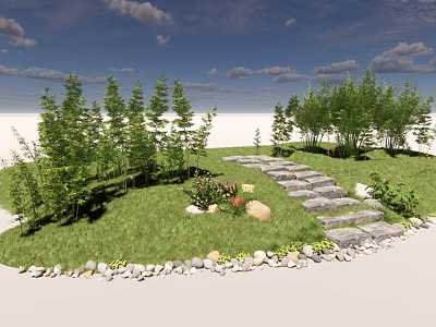 Garden Stepping Stones Path With Green Grass Trees And Stone Edges 3d model