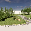 Garden Stepping Stones Path With Green Grass Trees And Stone Edges