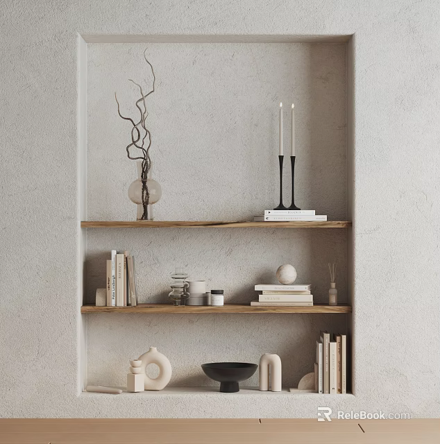 Minimalist Home Decorative Ornament Set On Wooden Shelves With Twig Vase Candles Books And Sculptures 3d model 