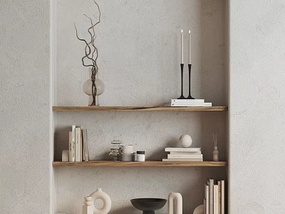 Minimalist Home Decorative Ornament Set On Wooden Shelves With Twig Vase Candles Books And Sculptures 3d model