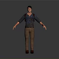 Man in shiny leather shirt and brown pants standing with arms outstretched against gray background