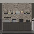 White File Cabinet in Modern Office Space with Wooden Wall Shelves and Office Equipment