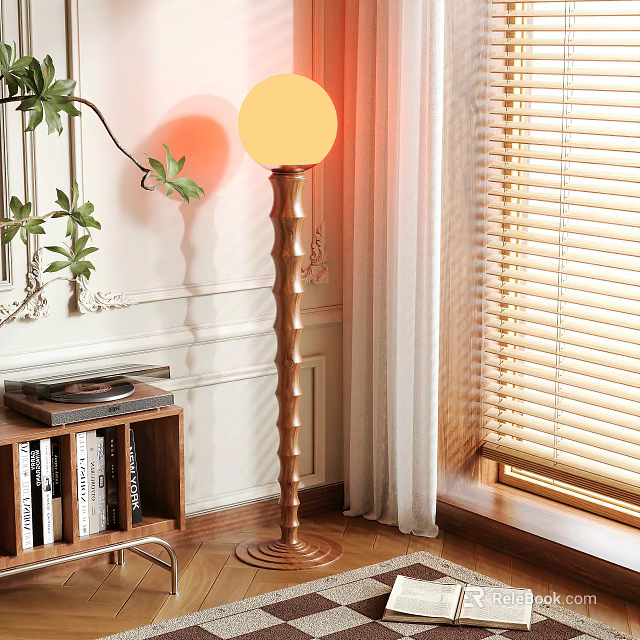 Brass Floor Lamp With Round Yellow Lampshade Emitting Warm Light By Wooden Bookshelf And Blinds 3d model 