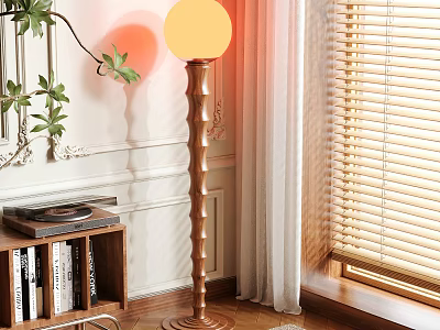Brass Floor Lamp With Round Yellow Lampshade Emitting Warm Light By Wooden Bookshelf And Blinds 3d model
