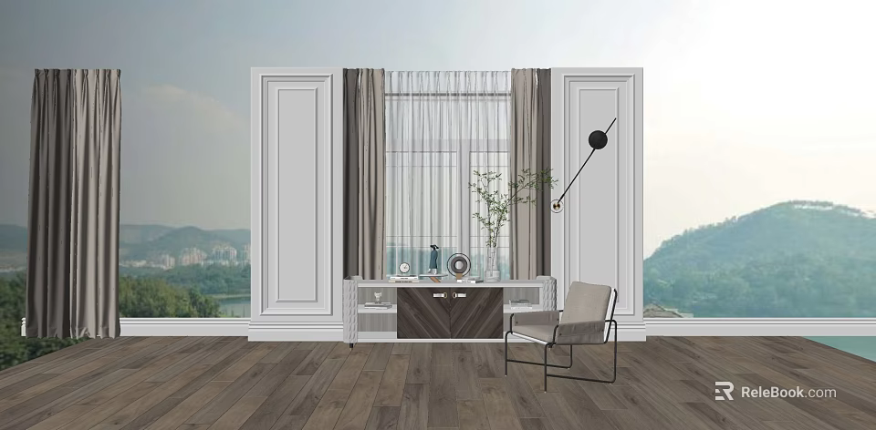 Modern TV Stand with Decorative Clock Plant and Window Curtains on Wooden Floor 3d model 