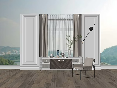 Modern TV Stand with Decorative Clock Plant and Window Curtains on Wooden Floor 3d model