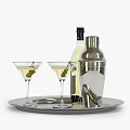 Martini Bianco Bottle Cocktail Shaker and Martini Glasses with Olives on Silver Tray Gray Background